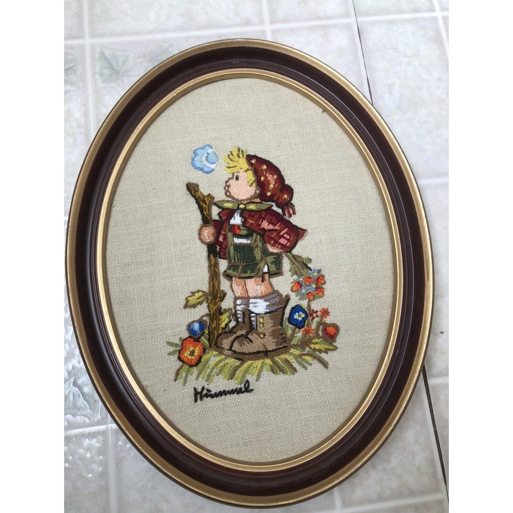 Vintage Finished Hummel Boy‎  Framed Oval Picture Needlepoint 10 X 13 in